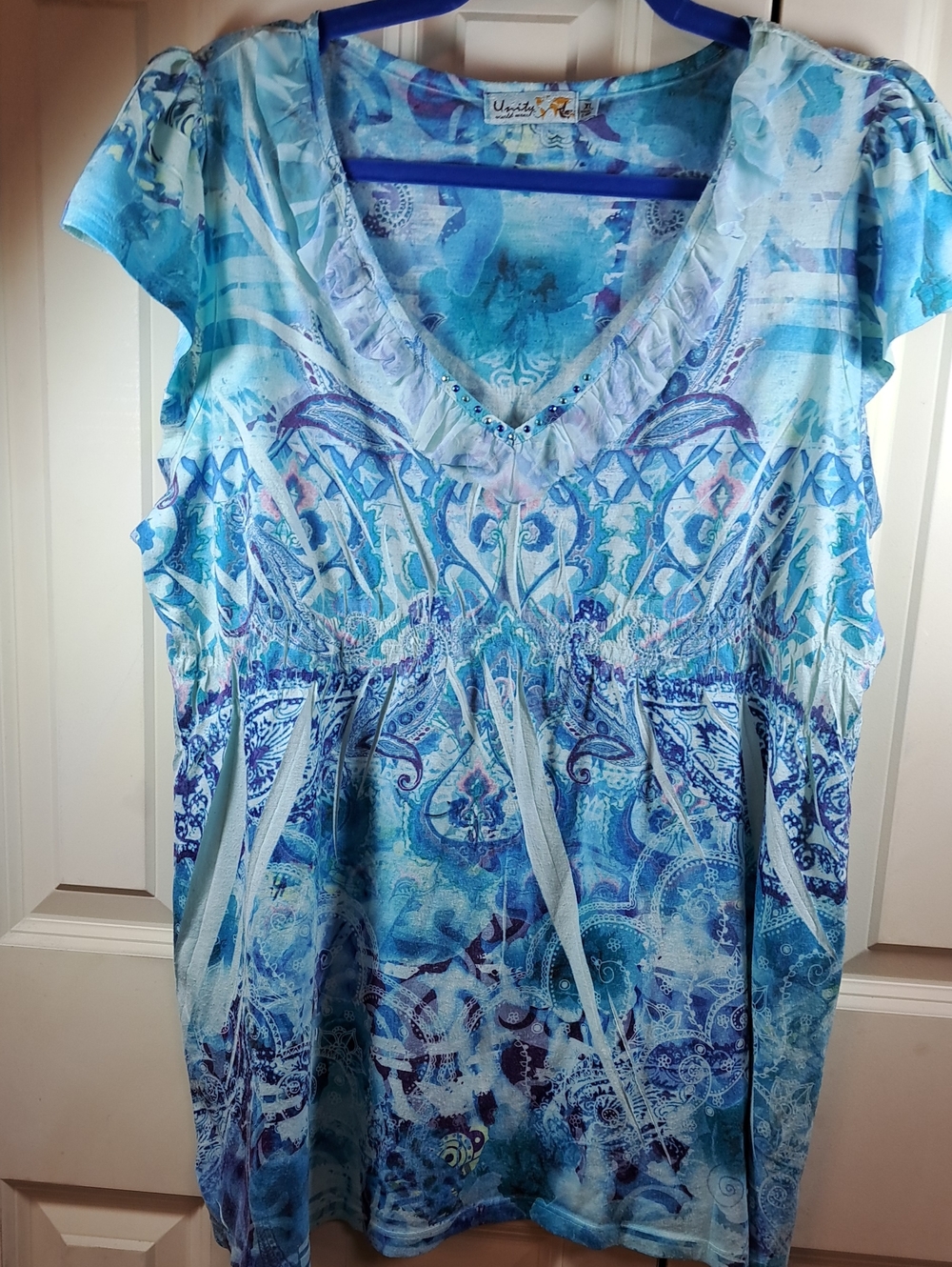 Unity World Wear Blue Printed V-Neck Tunic with Ruffle Trim